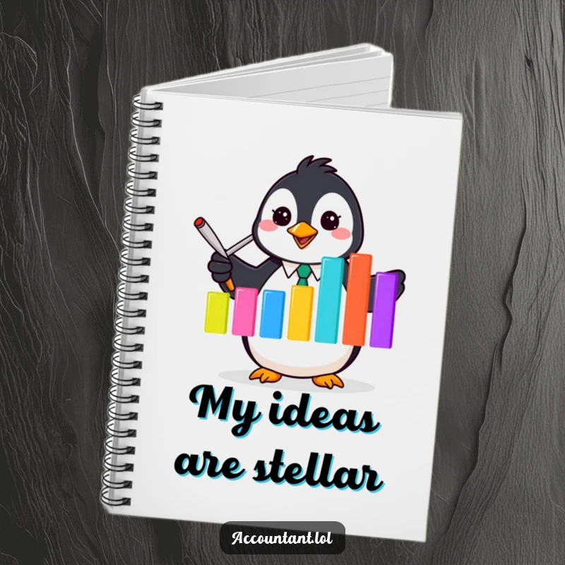 Funny Penguin Accountant Notebook: A penguin accountant enthusiastically presents a colorful bar graph on the cover.