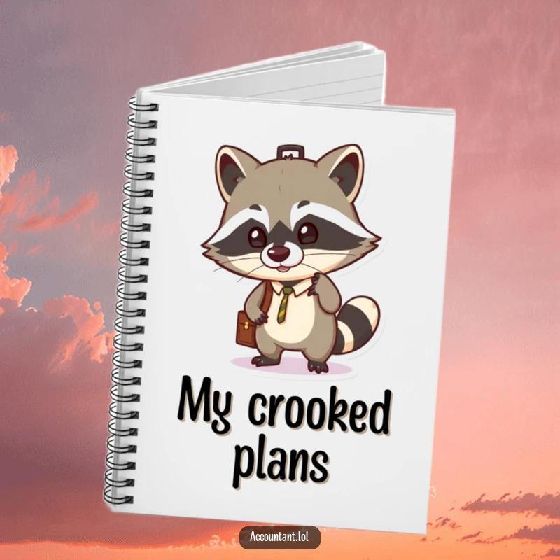 Funny notebook featuring a cunning raccoon balancing a briefcase on its nose, designed for capturing witty plans and ideas.
