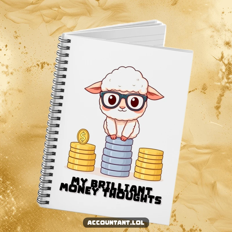 Funny Sheep Accountant Notebook, a fluffy sheep with glasses, balancing coins, perfect for notes and financial planning, a funny gift.