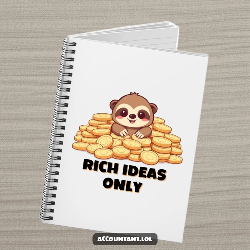 Funny notebook featuring a happy sloth surrounded by overflowing piles of coins, perfect for jotting down ideas.