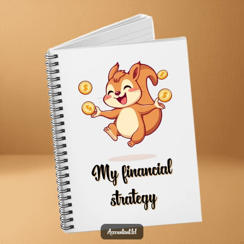 Funny squirrel notebook with a joyful squirrel juggling coins, perfect for jotting down ideas and plans.