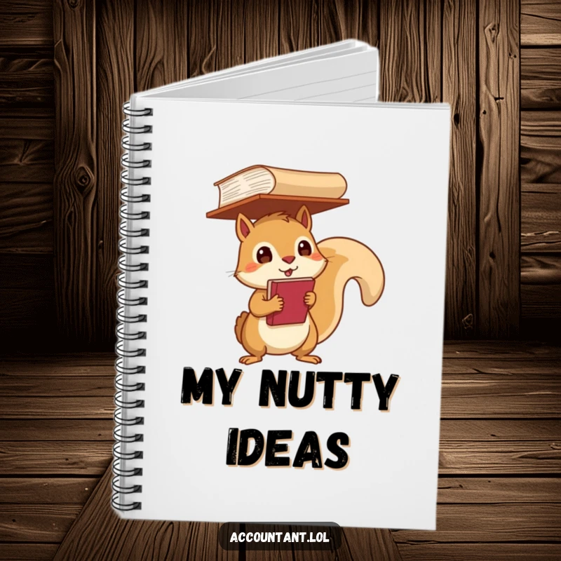 Funny Notebook with a determined squirrel balancing a ledger, great for detailed note-taking.