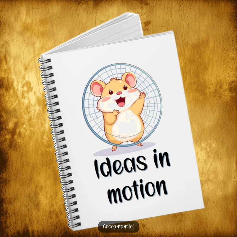 Funny happy hamster joyfully spinning a large office fan with its entire body on a lined notebook.