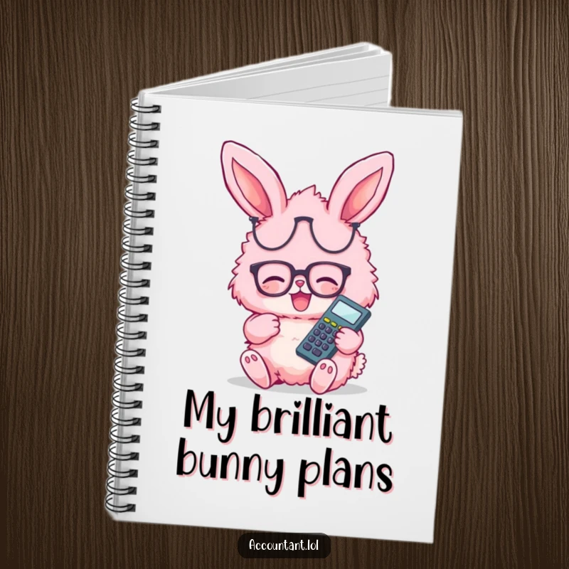 Funny pink fluffy bunny wearing glasses, giggling happily with calculator, on the cover of a lined notebook.
