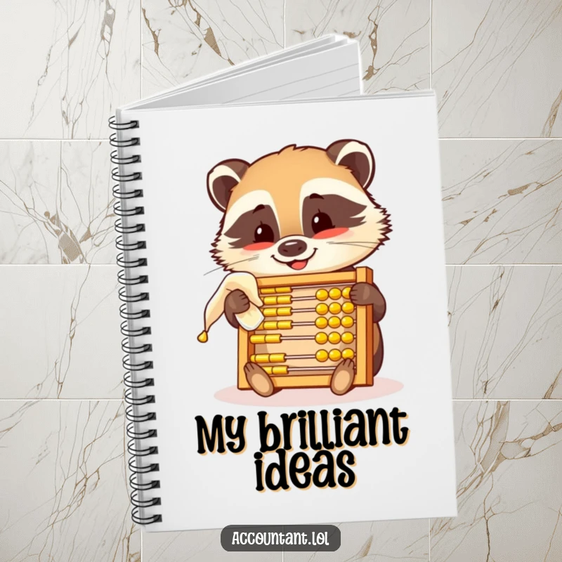 Funny notebook with a smiling badger polishing a golden abacus, great for jotting down numbers and humorous ideas.