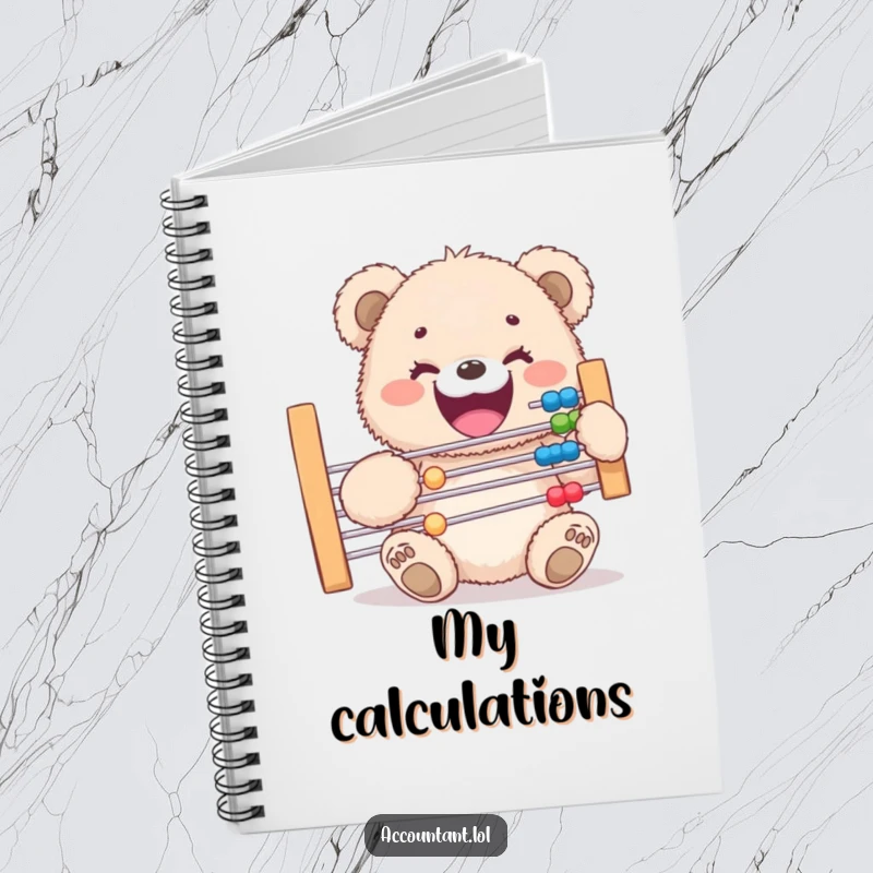 Funny notebook cover featuring a beaming fluffy bear cub with a huge abacus, inspiring creativity and a good chuckle during study.