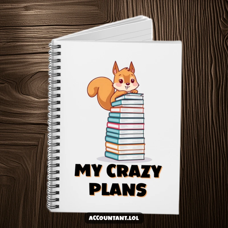 Funny notebook cover with a playful squirrel precariously balancing financial ledgers, perfect for jotting down money-making ideas humorously.