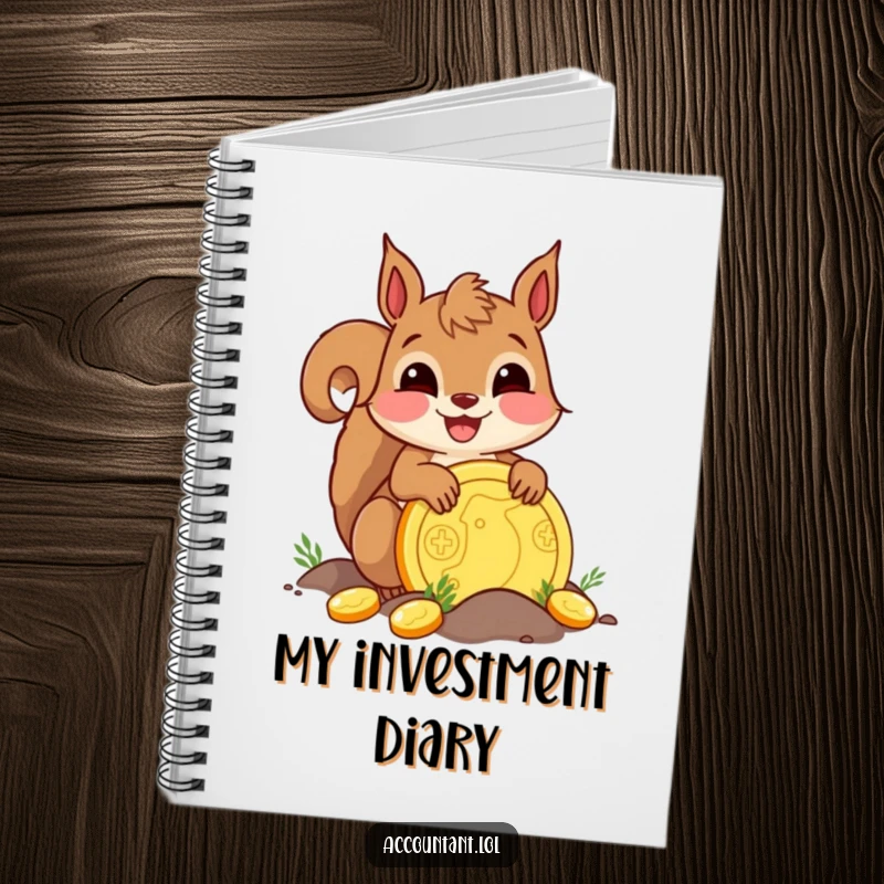 Funny delighted squirrel burying a giant golden coin, a humorous notebook for capturing ideas and dreams.