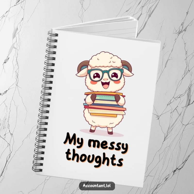 Funny sheep with glasses balancing a big stack of colorful papers, featured on the cover of a funny notebook.