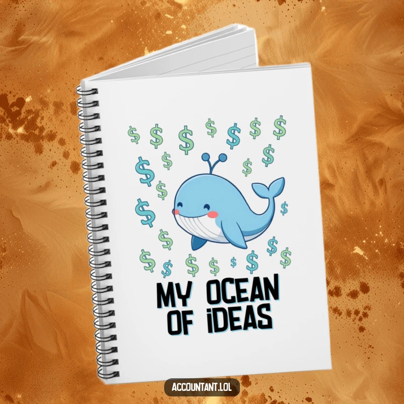 Funny smiling blue whale swimming through a sea of floating dollar signs, on the cover of a financial notebook.