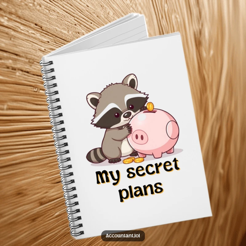 Funny notebook cover with a raccoon trying to get coins from a piggy bank, designed for funny note-taking.