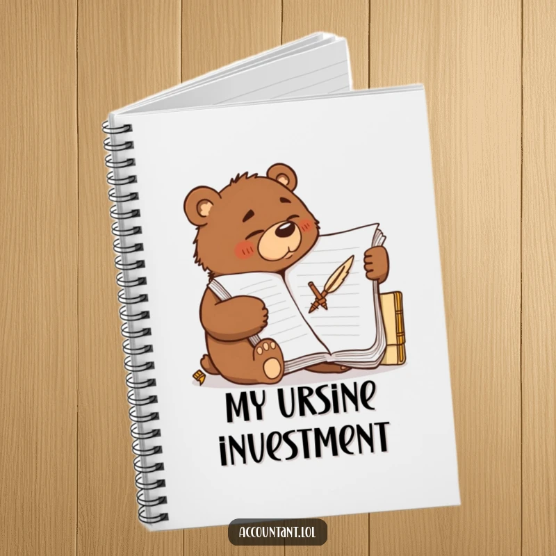 Funny determined brown bear scribbling furiously on a large ledger with a quill, on the cover of a detailed notebook.