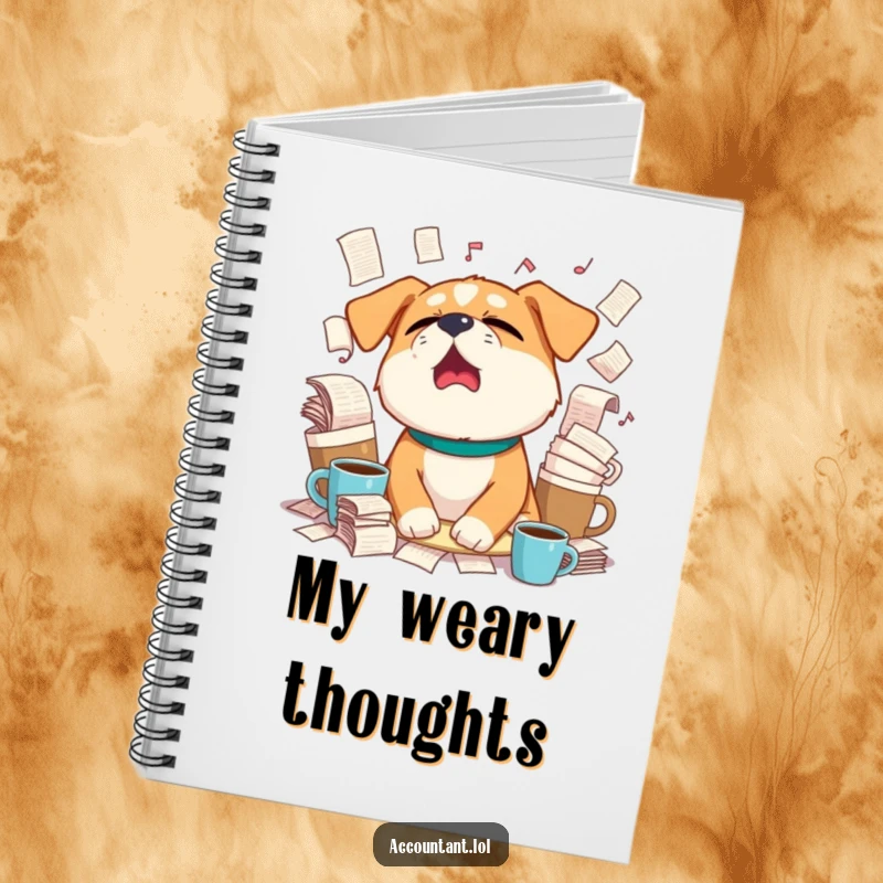 Funny sleepy dog yawning widely, surrounded by overflowing coffee cups and paperwork on a lined notebook.