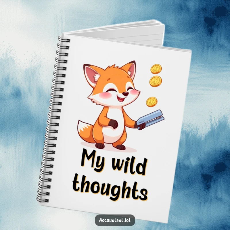 Funny giggling fox juggling coins and a stapler, on the cover of a funny notebook.