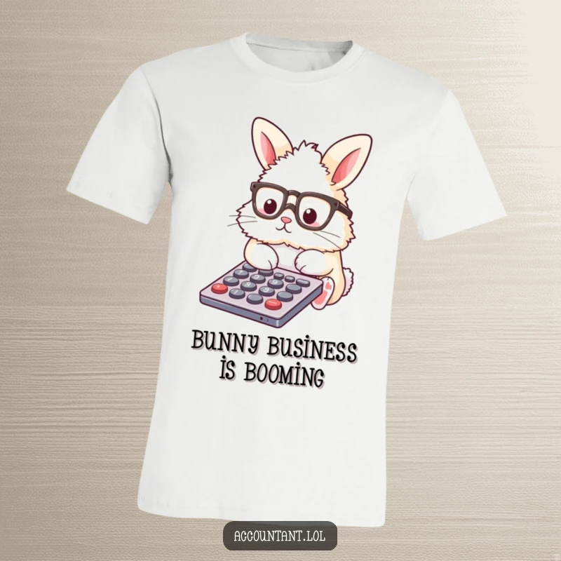 Funny T-Shirt with a fluffy bunny in glasses, enthusiastically tapping on a calculator, perfect for finance lovers.