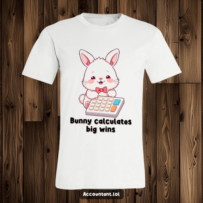 Funny bunny accountant t-shirt, a fluffy rabbit in a bowtie, enthusiastically pressing calculator buttons with a joyful look.