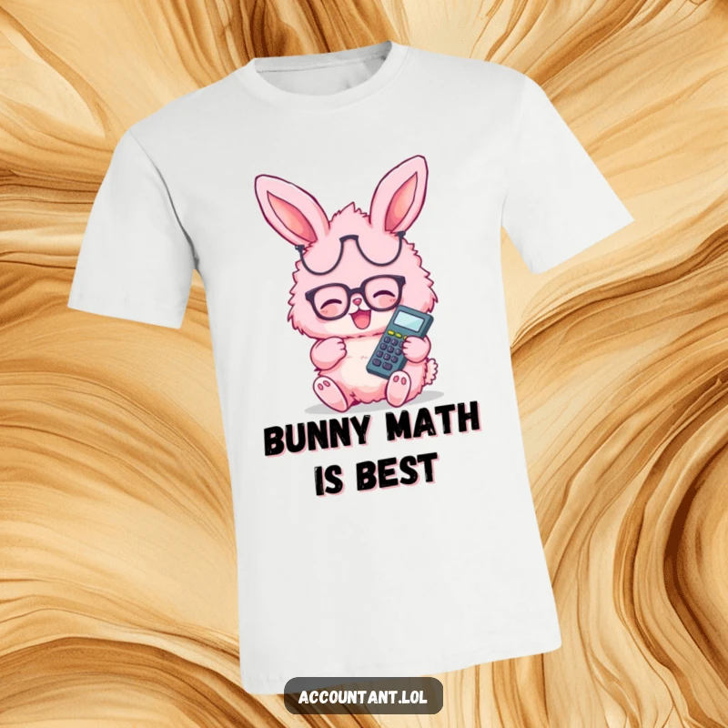 Funny pink fluffy bunny wearing glasses, giggling happily holding a calculator on a t-shirt, great for accountants.