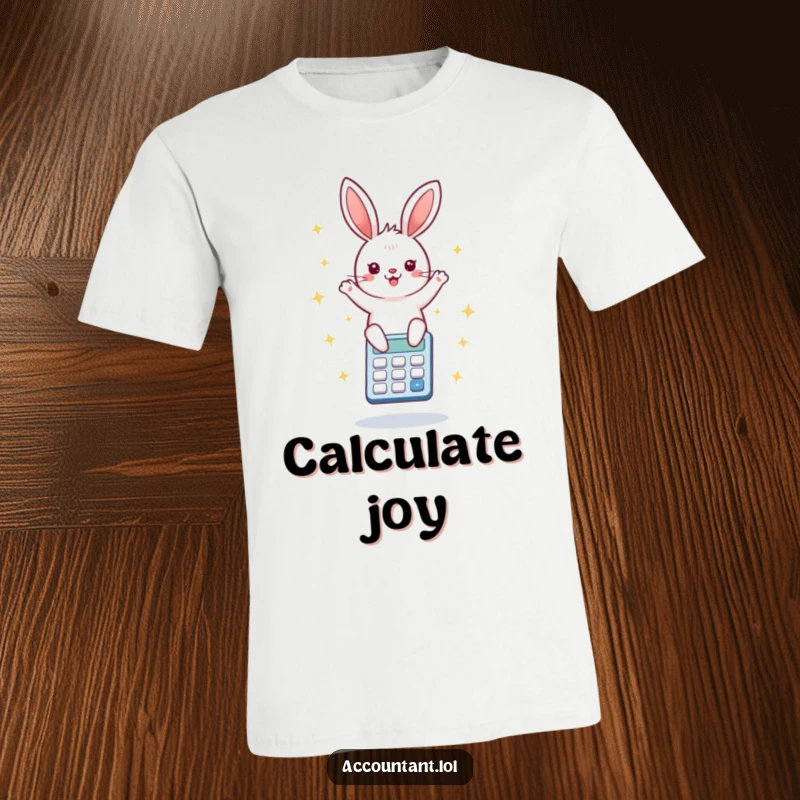 Funny t-shirt graphic of an ecstatic bunny mid-bounce on a calculator, adorned with dynamic starbursts, radiating energetic math fun.