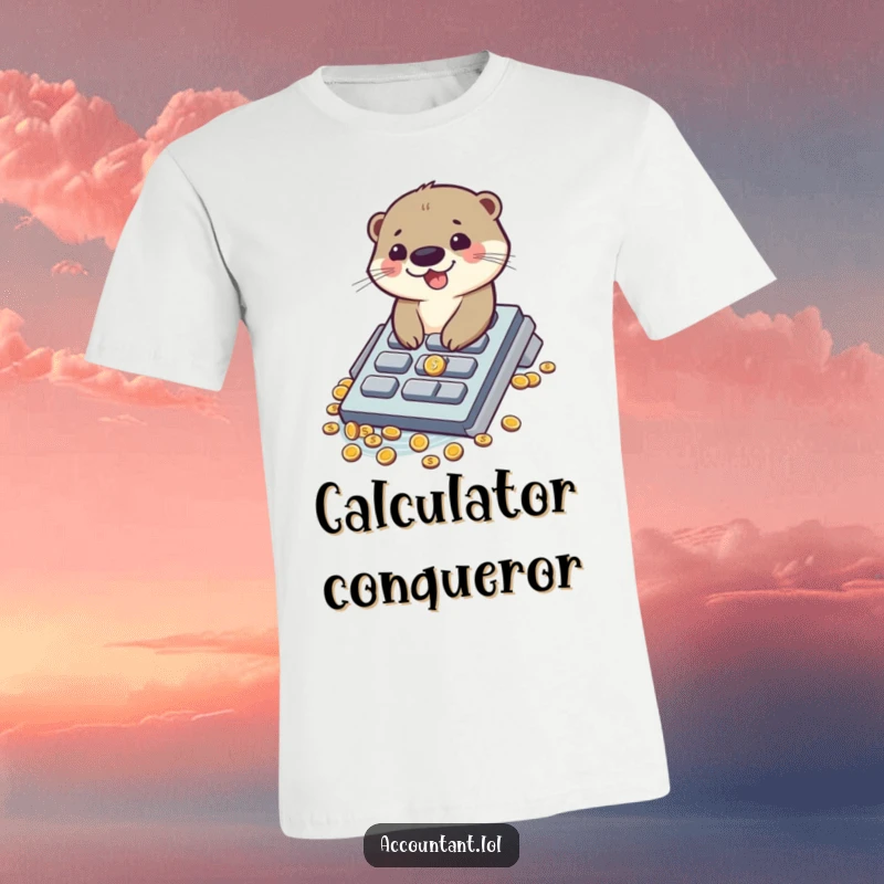 Funny t-shirt with a giggling otter sliding down a calculator button directly into a treasure trove of coins.