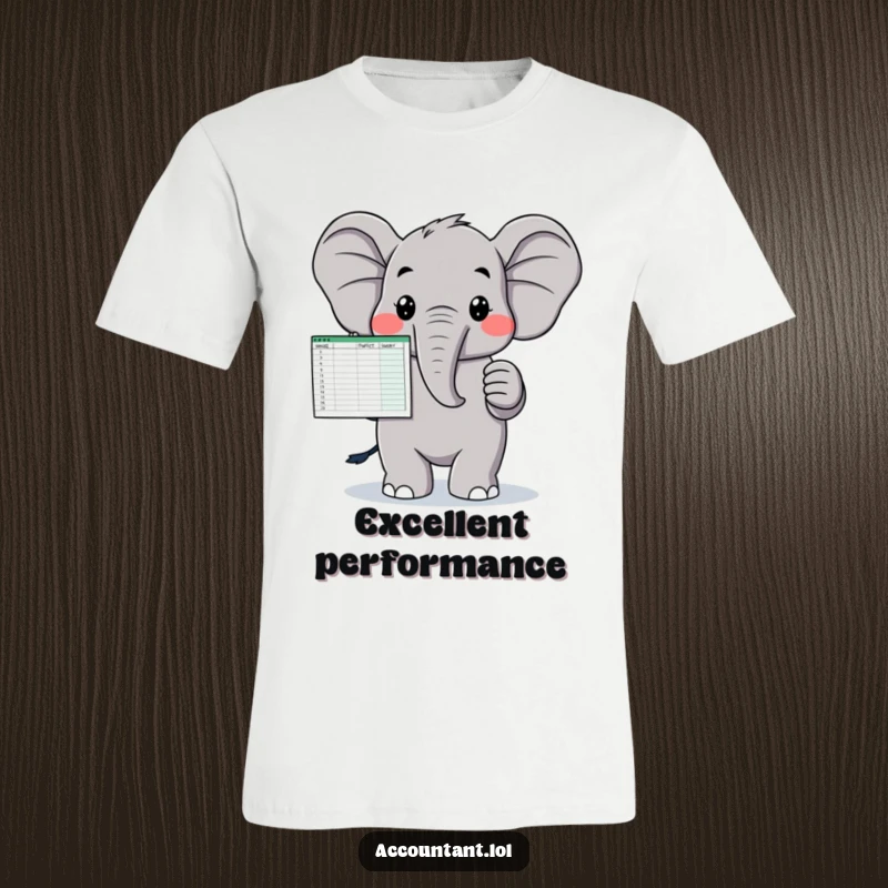 Funny t-shirt showing a proud elephant presenting a perfectly balanced spreadsheet, ideal for a funny work-related gift.