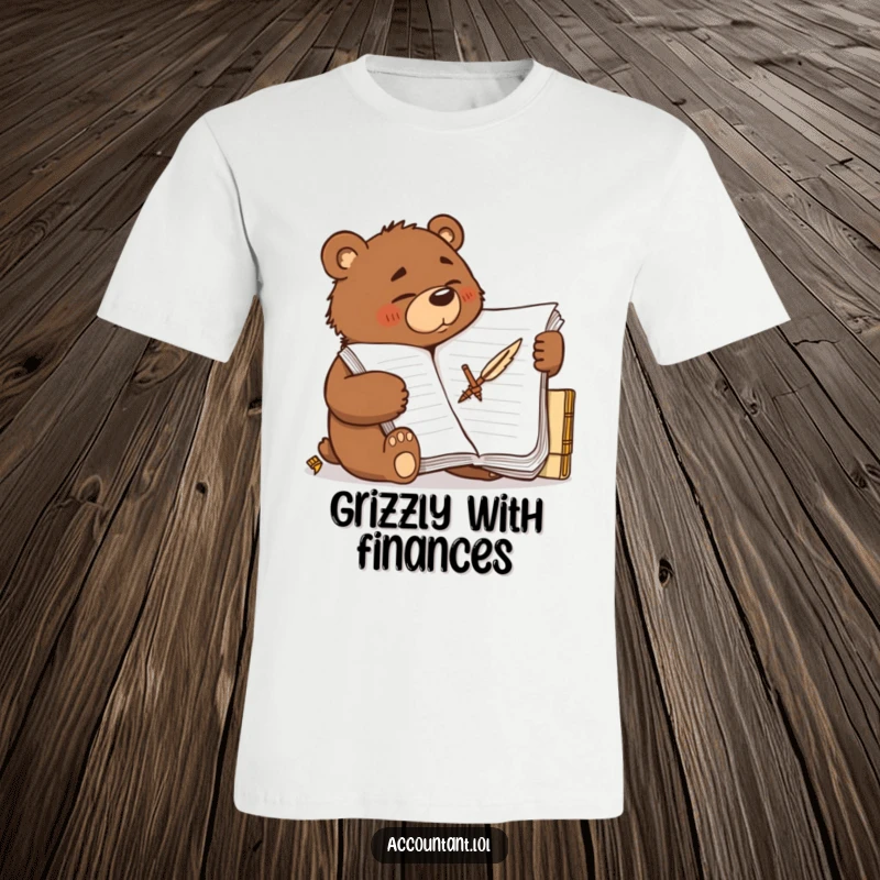 Funny determined brown bear scribbling furiously on a large ledger with a quill, printed on a t-shirt.