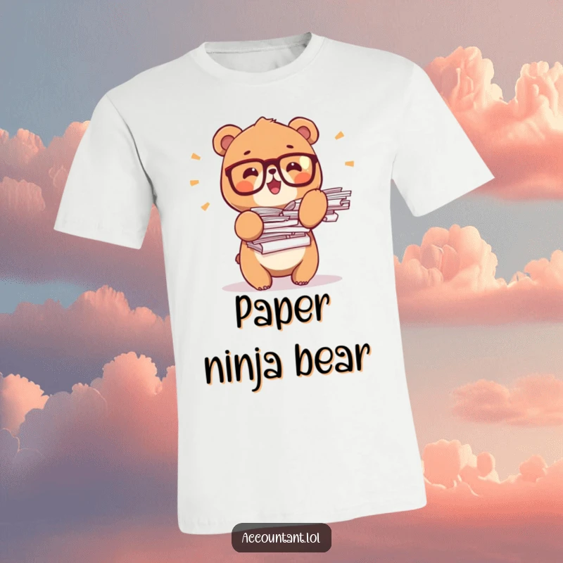 Funny bear office t-shirt, a tiny bear in glasses, enthusiastically holding up wobbly stacks of papers, depicting busyness.