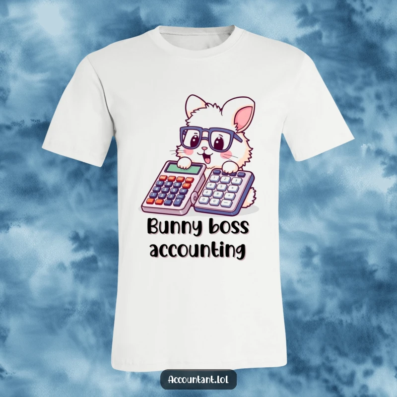Funny bunny accountant t-shirt, a fluffy rabbit wearing glasses, enthusiastically stamping a huge calculator, looking busy and comical.