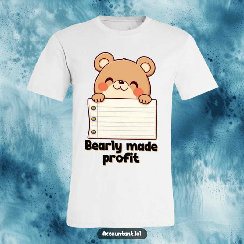 Funny chubby bear peeking over a huge ledger with a pleased, surprised look, embodying delightful accounting.