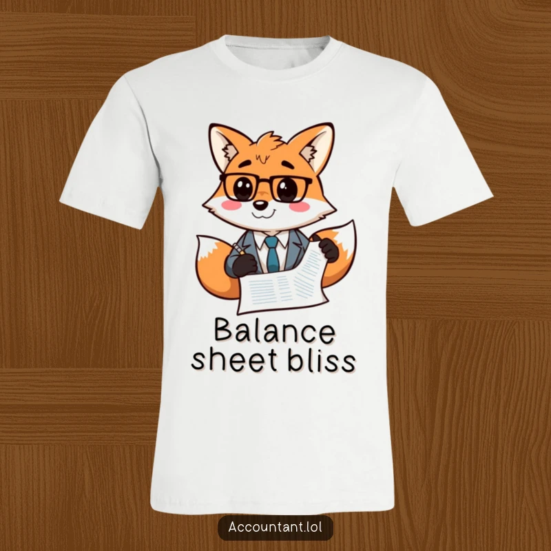 Funny Fox Accountant T-Shirt: A smiling fox accountant adds a happy face to a balance sheet with a pen.