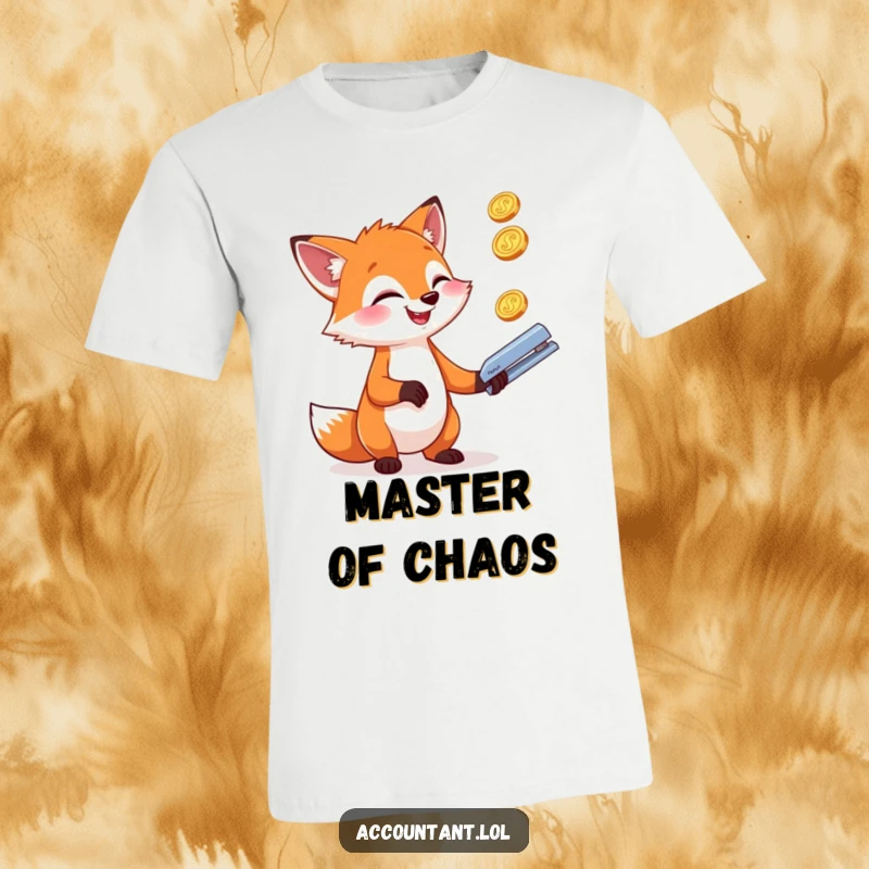 A giggling fox is juggling three shiny coins and a stapler with glee, featured on a funny t-shirt.