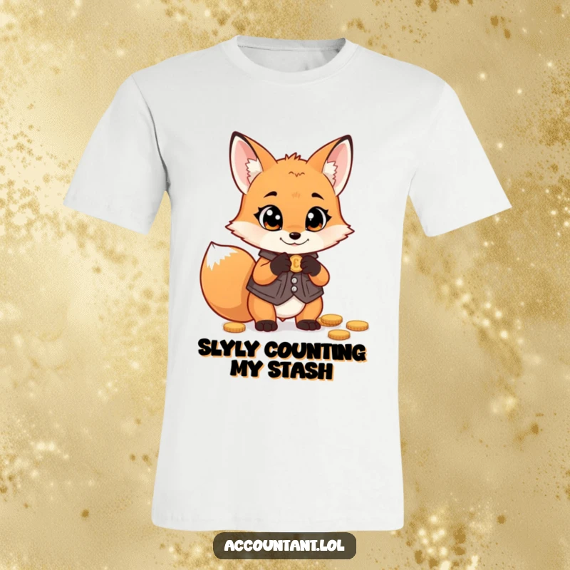 Funny fox money t-shirt, a mischievous fox in a vest, wide-eyed as it counts a pile of coins, looking shrewd.