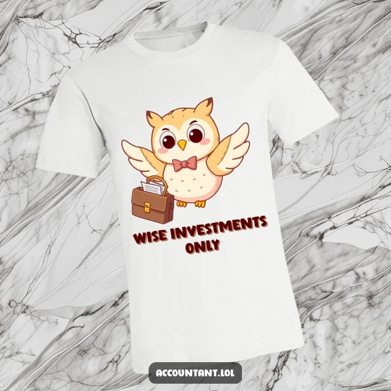 Funny happy owl in a bow tie, flying with a briefcase full of documents, a witty business-themed t-shirt.