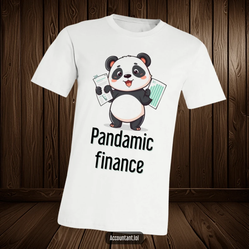 Funny determined panda proudly holding up a perfectly balanced budget spread on a comfortable t-shirt.