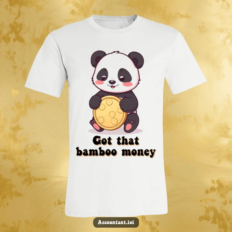 Funny panda t-shirt featuring a playful panda bouncing a large coin, symbolizing joy and good luck.