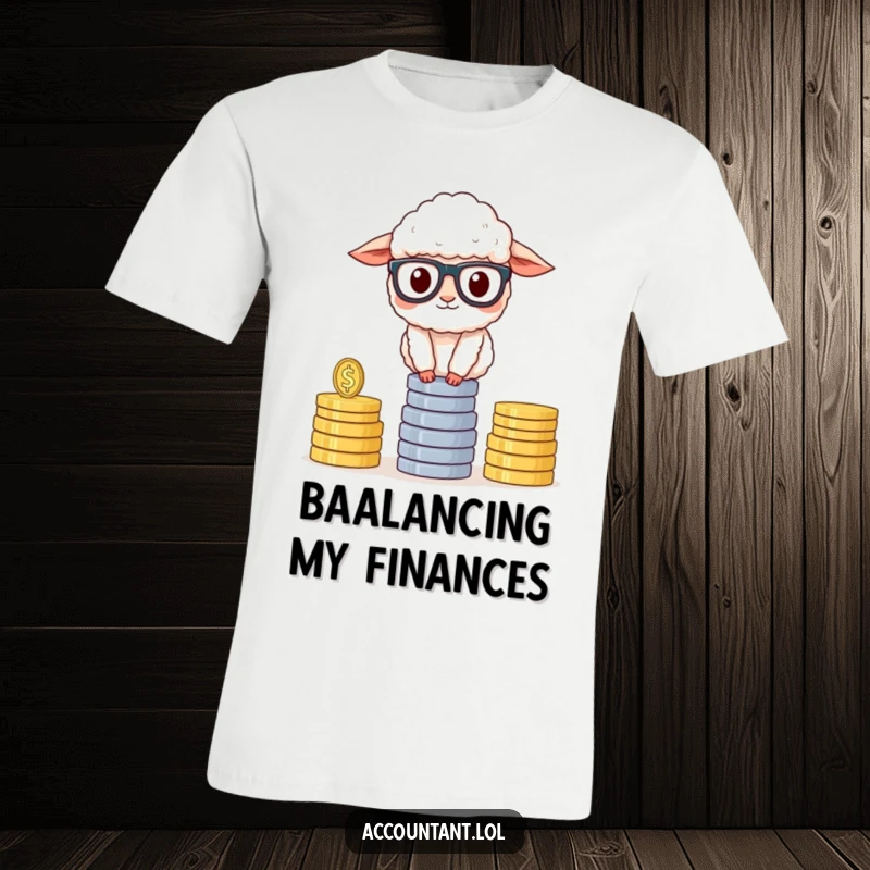Funny Sheep Accountant T-Shirt, a fluffy sheep wearing glasses, balancing a stack of coins, smart and funny, ideal for finance lovers.
