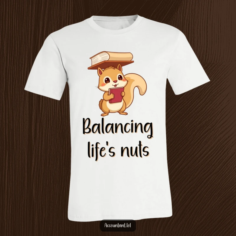 Funny T-Shirt with a determined squirrel balancing a huge ledger on its head, a symbol of responsibility.