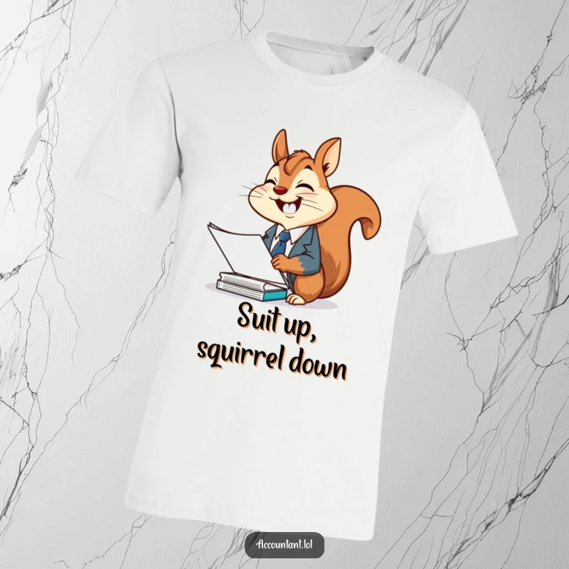 Funny squirrel office t-shirt, a cheerful squirrel in a suit, giggling uncontrollably while organizing papers with glee.