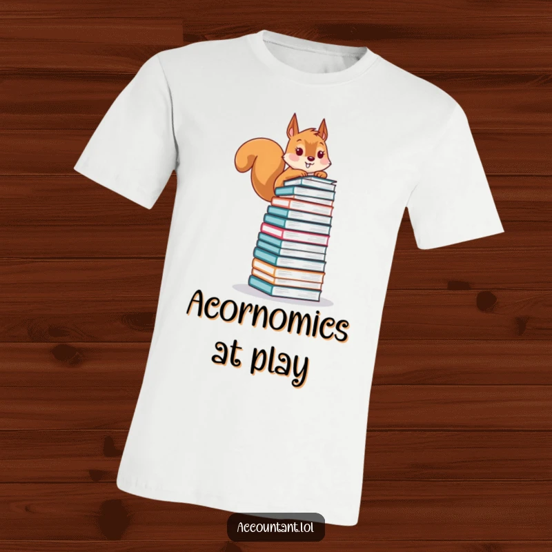 Funny t-shirt featuring a playful squirrel struggling to balance a huge pile of financial ledgers, depicting money management chaos.