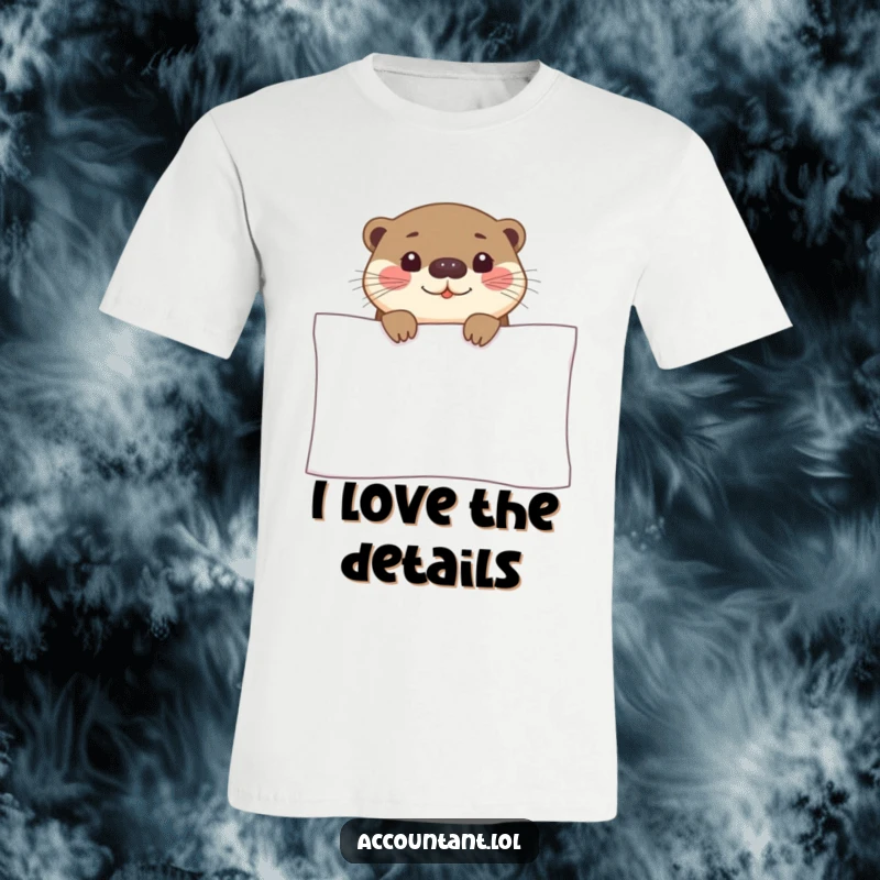 Funny otter t-shirt featuring a curious otter smiling over a huge spreadsheet, perfect for data lovers.