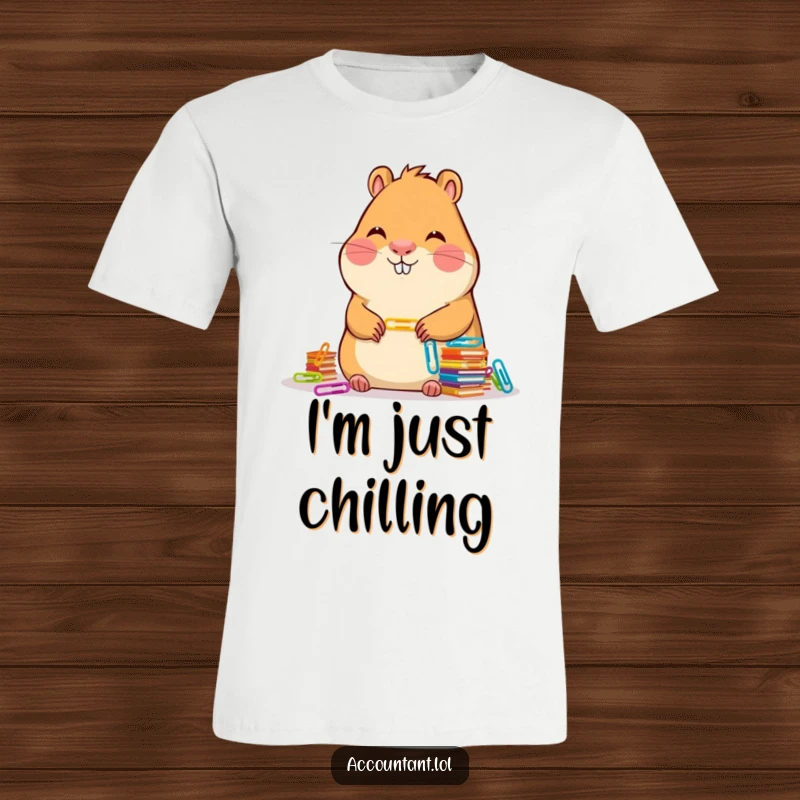 Funny Capybara Accountant T-Shirt: A peaceful capybara smiles while meticulously arranging stacks of colorful paper clips.