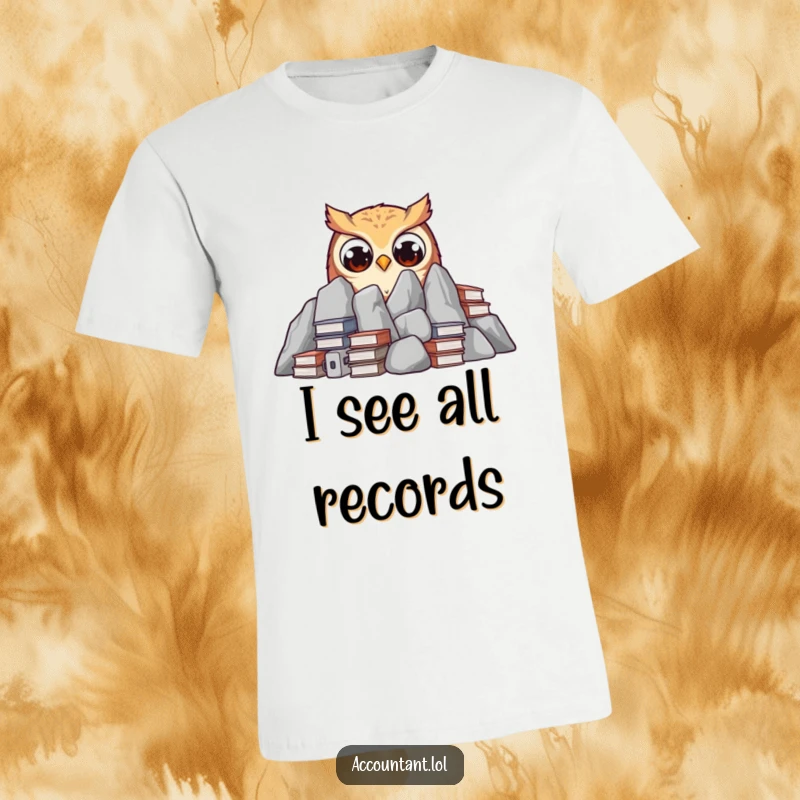 A curious owl is peeking out from behind a mountain of ledgers with wide eyes, featured on a funny t-shirt.