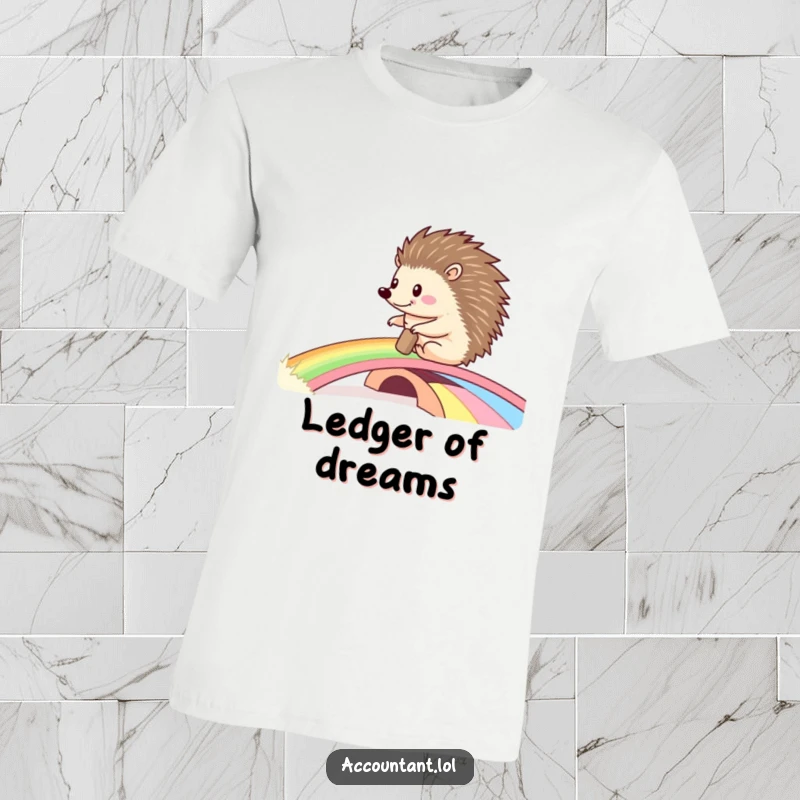 Funny t-shirt graphic of a content hedgehog pushing a large ledger across a bright rainbow bridge, representing a cheerful journey.