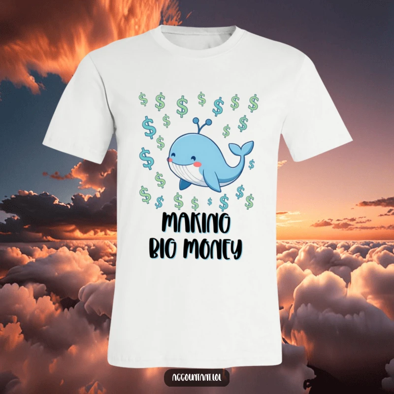 Funny smiling blue whale swimming through a sea of floating dollar signs, printed on a t-shirt.