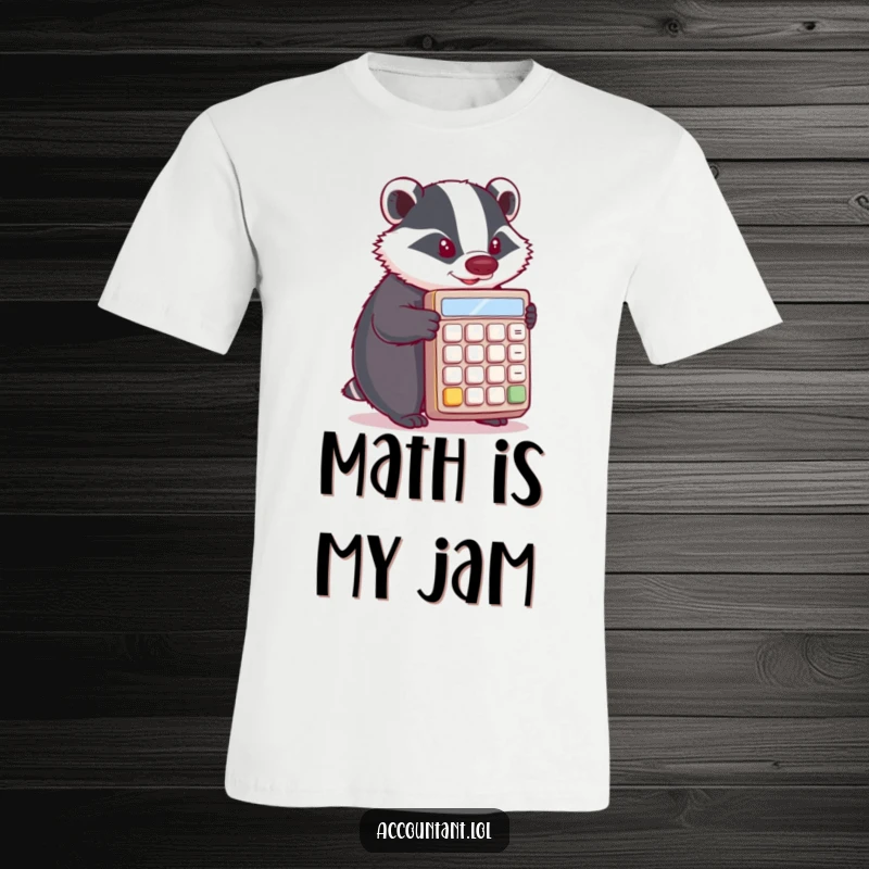 Funny Badger T-Shirt: A focused badger aggressively pushes a huge calculator, showing determination and a love for math.
