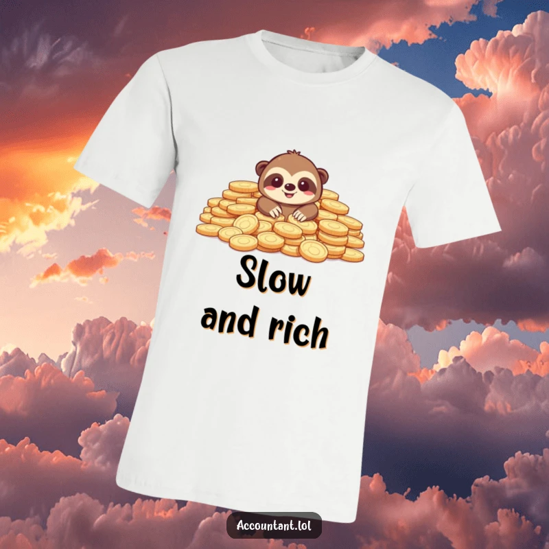 Funny t-shirt with a joyful sloth emerging from a mountain of gleaming gold coins, embodying financial abundance and humor.