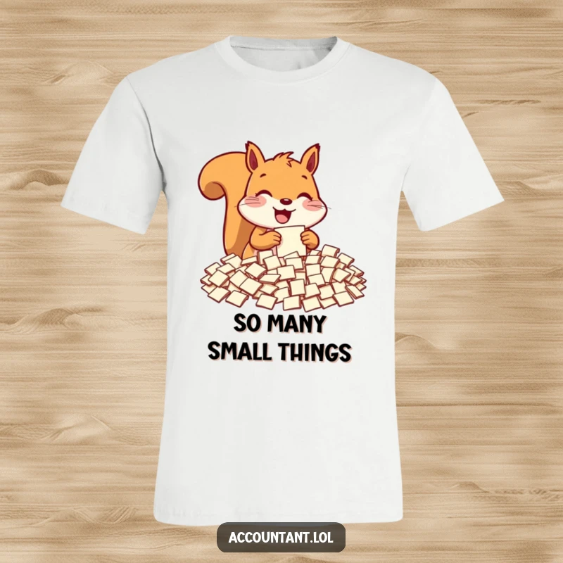 Funny squirrel t-shirt, a happy squirrel sorting many small paper slips, detailed and humorous design.