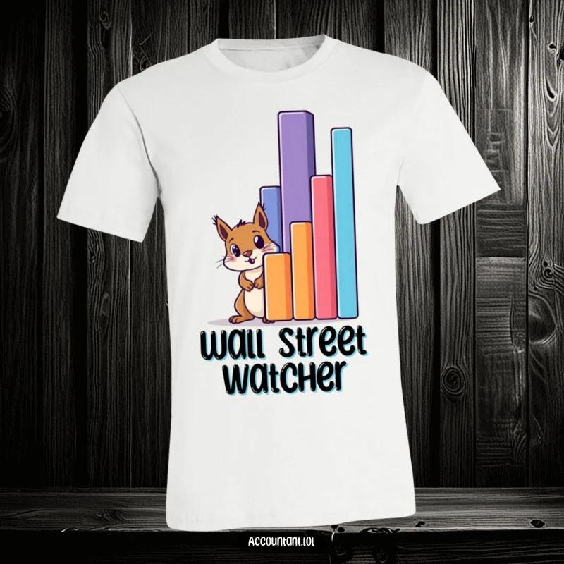 Funny squirrel peeking in amazement behind a colossal bar graph on a comfortable t-shirt, perfect for casual wear.