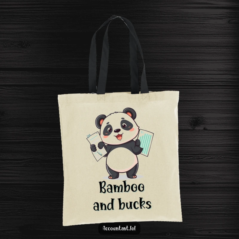 Funny determined panda proudly holding up a perfectly balanced budget spread on a durable tote bag.