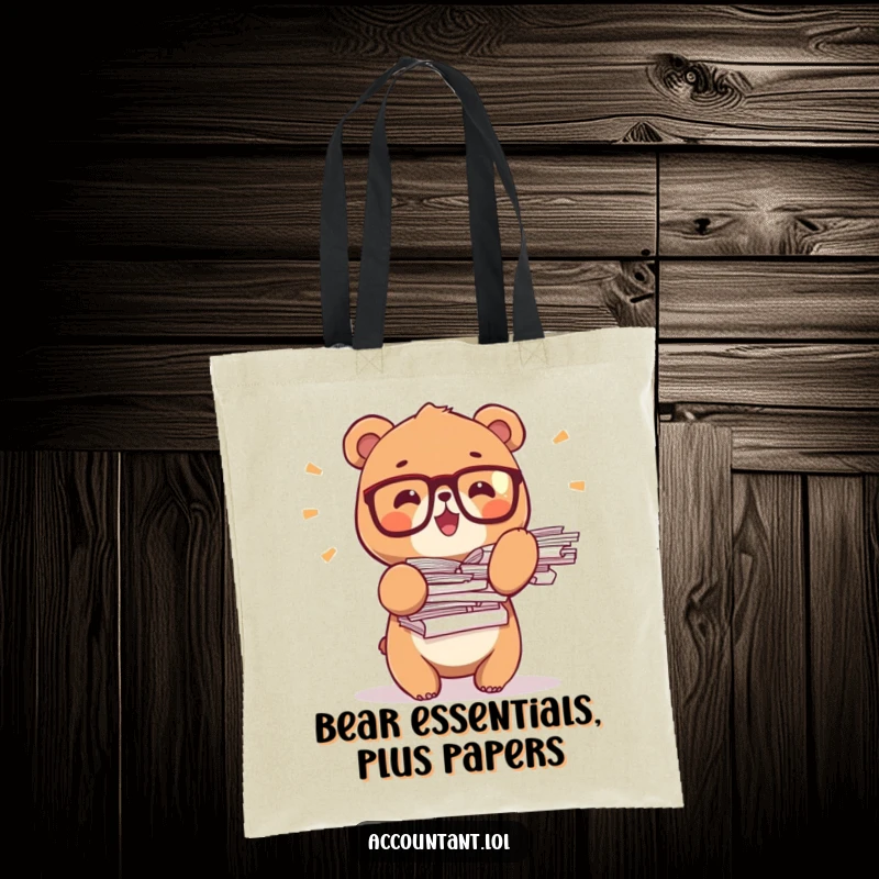 Funny bear office tote bag, a tiny bear in glasses, juggling stacks of papers, ideal for carrying books and supplies.
