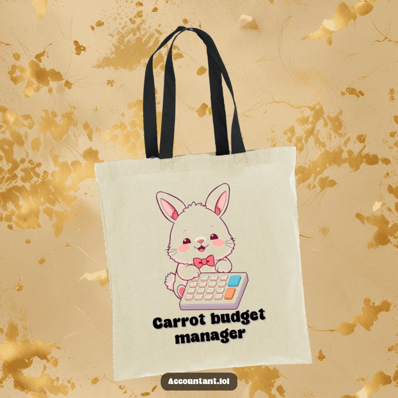 Funny bunny accountant tote bag, a fluffy rabbit, wearing a bowtie, joyfully operating a calculator, ideal for daily use.